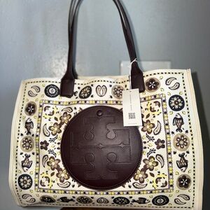 Tory Burch Cream Floral Paisley Tote with Brown Leather Logo